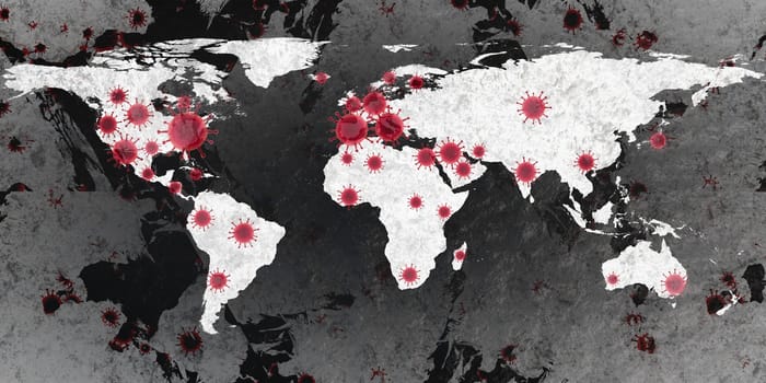 3D-Illustration of a world map showing the corona virus covid-19 hotspots in the United States and Europe.