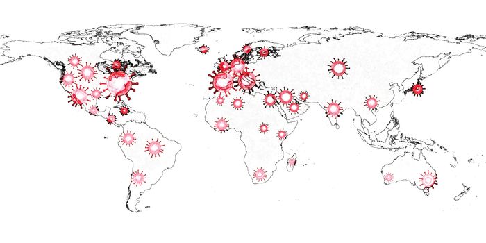 3D-Illustration of a world map showing the corona virus covid-19 hotspots in the United States and Europe.