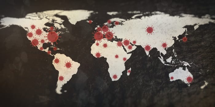 3D-Illustration of a world map showing the corona virus covid-19 hotspots in the United States and Europe.