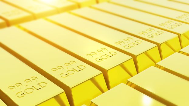 stack close-up of pure gold bars arranged in abundance, 3D render. gold invest trading concept
