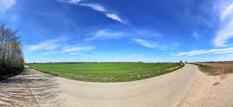 Beautiful high resolution panorama of a northern european country landscape with fields and green grass.