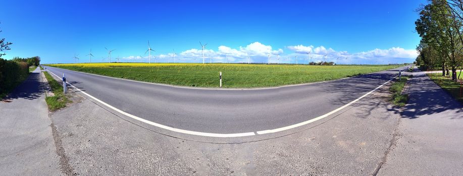 Beautiful high resolution panorama of a northern european country landscape with fields and green grass.