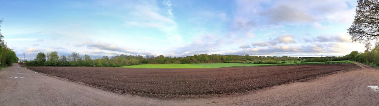 Beautiful high resolution panorama of a northern european country landscape with fields and green grass.