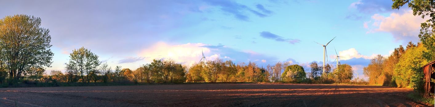 Beautiful high resolution panorama of a northern european country landscape with fields and green grass.