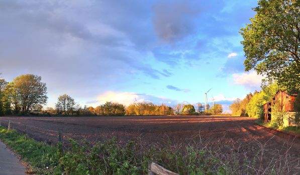 Beautiful high resolution panorama of a northern european country landscape with fields and green grass.