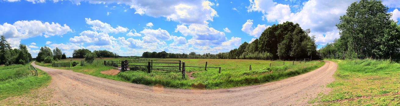 Beautiful high resolution panorama of a northern european country landscape with fields and green grass.