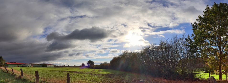 Beautiful high resolution panorama of a northern european country landscape with fields and green grass.