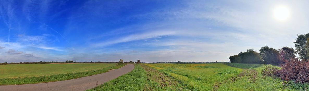 Beautiful high resolution panorama of a northern european country landscape with fields and green grass.