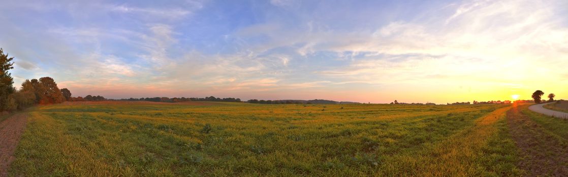 Beautiful high resolution panorama of a northern european country landscape with fields and green grass.