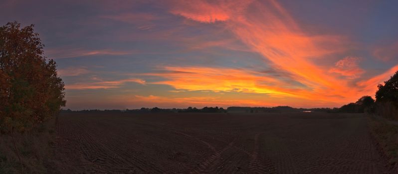 Beautiful high resolution panorama of a northern european country landscape with fields and green grass.