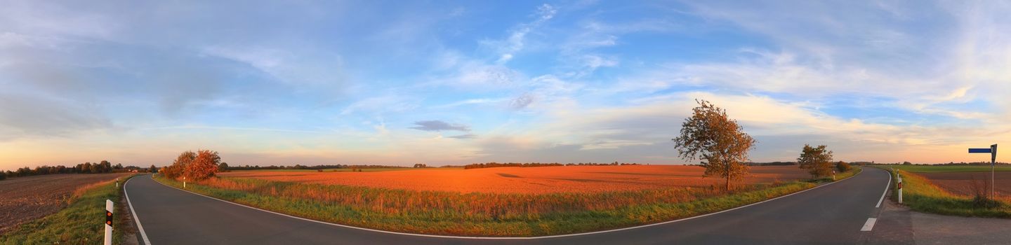 Beautiful high resolution panorama of a northern european country landscape with fields and green grass.