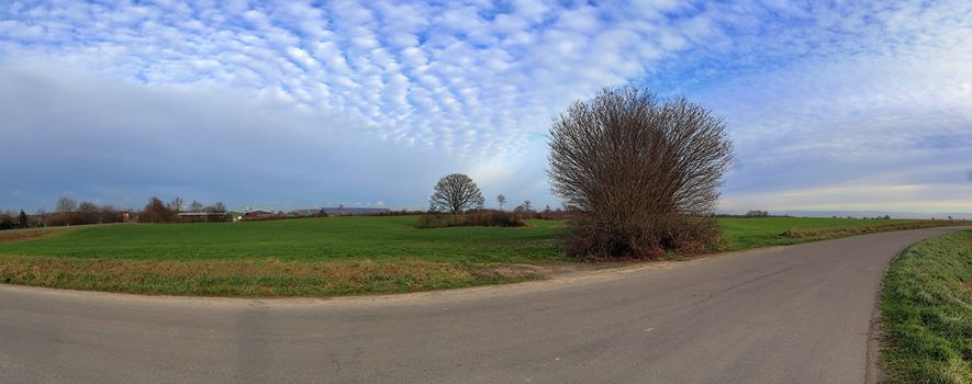 Beautiful high resolution panorama of a northern european country landscape with fields and green grass.