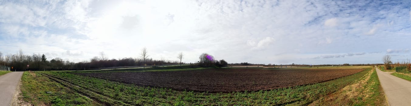 Beautiful high resolution panorama of a northern european country landscape with fields and green grass.