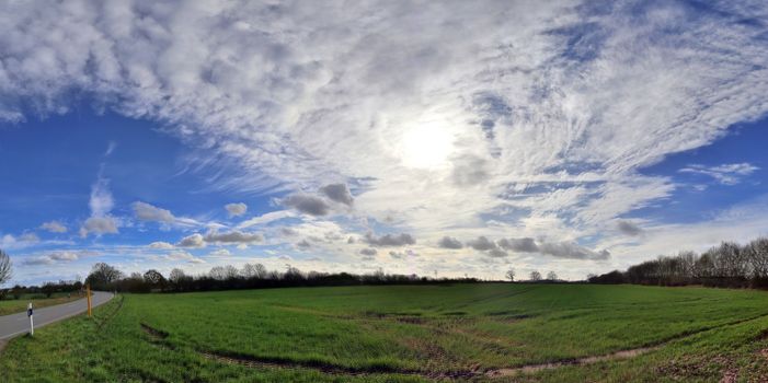 Beautiful high resolution panorama of a northern european country landscape with fields and green grass.