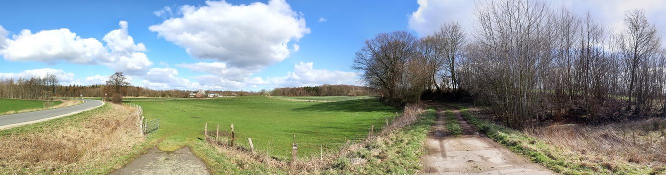 Beautiful high resolution panorama of a northern european country landscape with fields and green grass.