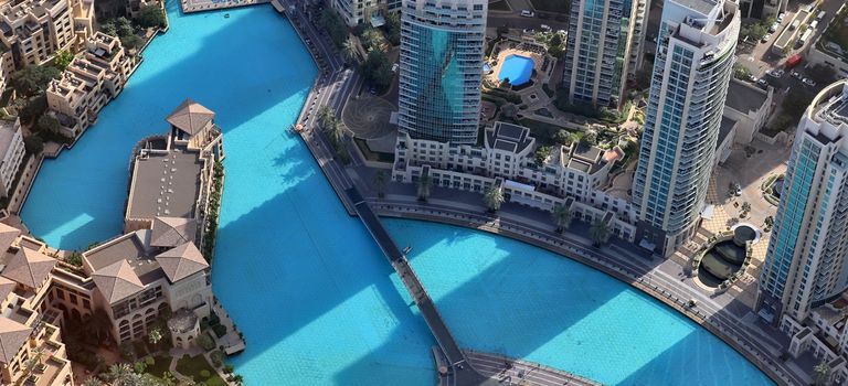 Aerial view over the city center of dubai on a sunny day.