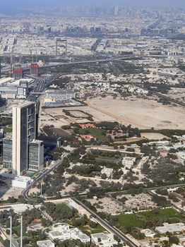 Aerial view over the city center of dubai on a sunny day.