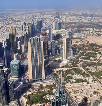 Aerial view over the city center of dubai on a sunny day.