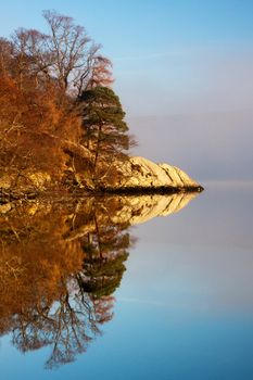 Morning reflections on Ullswater in the English Lake District national park.