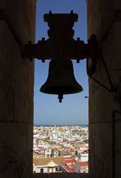 The city of Cadiz viewed from the belfry in the Poniente (west) tower of Cadiz cathedral.  The Catedral de Santa Cruz de Cadiz is a Roman Catholic church in Cadiz, southern Spain.