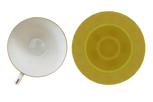 Isolate yellow coffee cup and plate on white background, top view