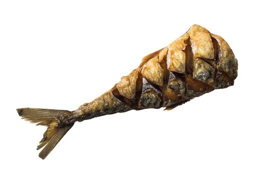 Fried saba or mackerel fish on white background