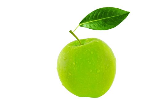 Isolate green apple on white background, water drop on apple skin