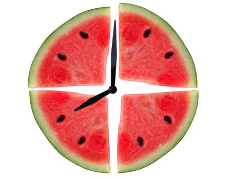Watermelon clock on white background, summer time concept