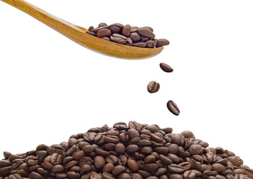 Coffee beans drop from wooden spoon on white background, movement concept 