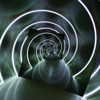 A neon light circles tunnel 3D illustration