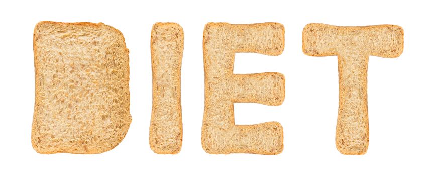 Diet whole wheat bread text on white background, diet concept 
