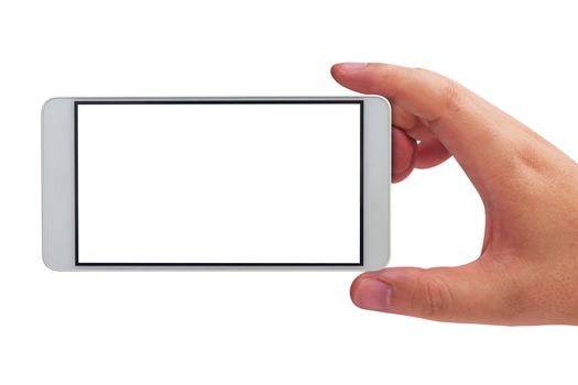 Isolate mobile phone in hand on white background, communication concept