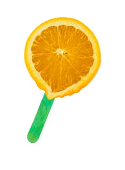 Orange ice cream and wood stick on white background
