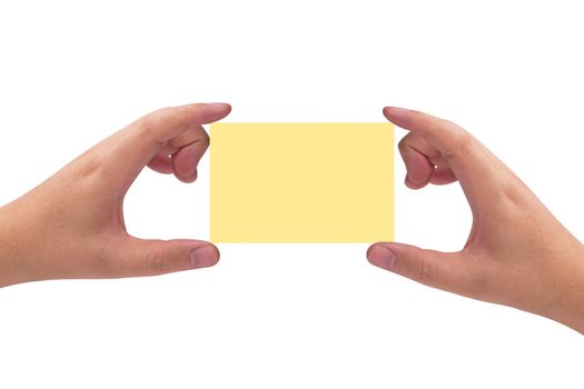 Isolate hands holding yellow paper business card on white background