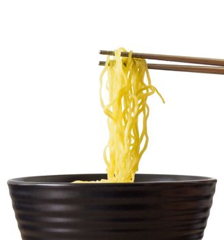 Picture of egg noodle and chopstick on white background