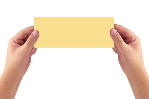 Isolate hands holding yellow long paper on white background