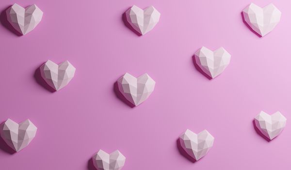 geometric configuration group of pink heart shaped isolated on sweet pastel pink color, flat lay, top view. romantic valentine day background, 3d rendering