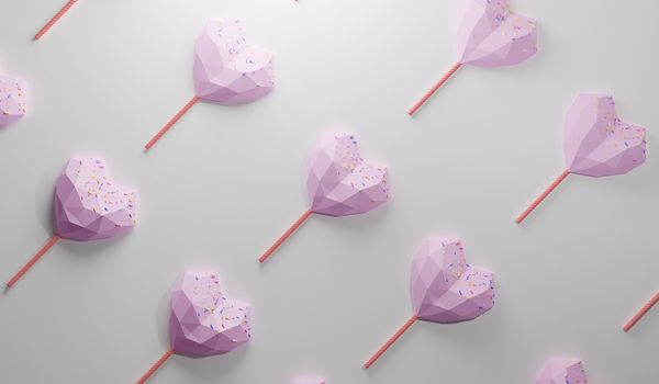 pink heart shape chocolate candy on the end of a stick like lollipop with colorful sprinkles topping. sweet food pattern on white background, 3d rendering