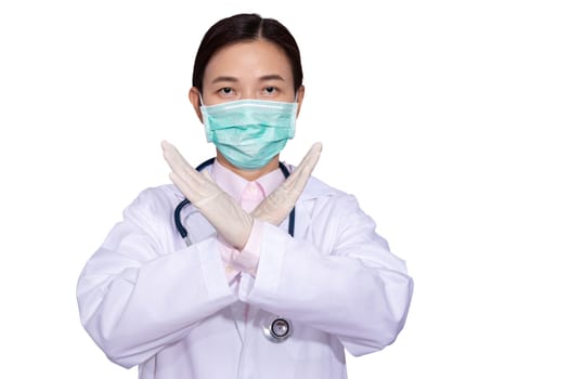 Asian female doctors wear medical masks, raise hands cross each other as a sign prohibiting or stopping to resist or prevent epidemic disease campaign isolated on white with clipping path