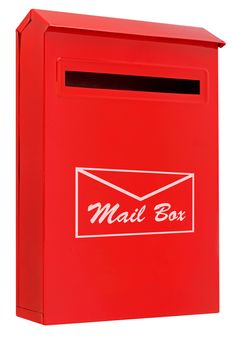 Red mail box on white background, side view