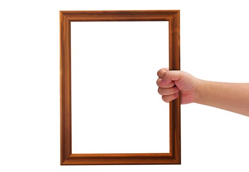 Isolate hand holding wooden frame on white background, announcement concept