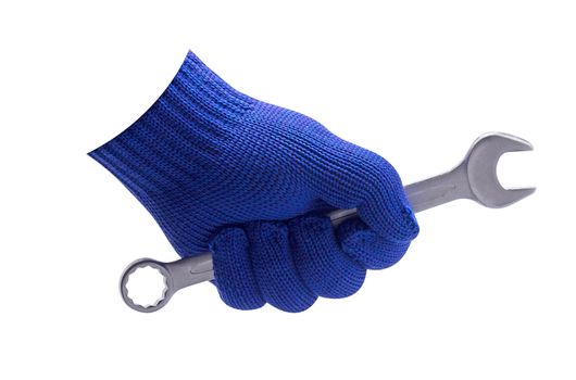 Isolate wrench in hand with blue glove on white background, maintenance and service concept