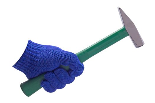 Isolate hammer in hand with blue glove on white background, construction concept 