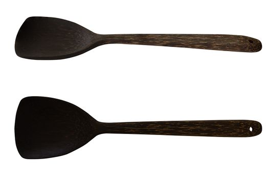 Isolate black wood spoon, turner on white background