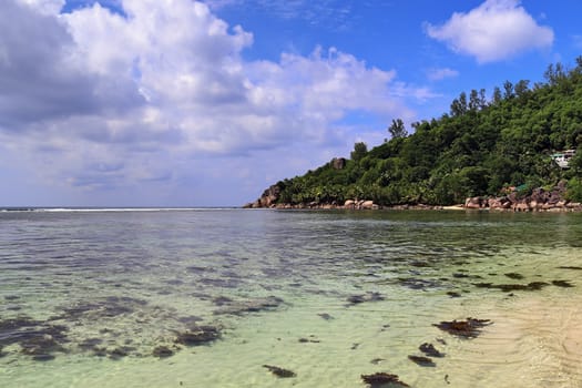 Sunny day beach view on the paradise islands Seychelles.