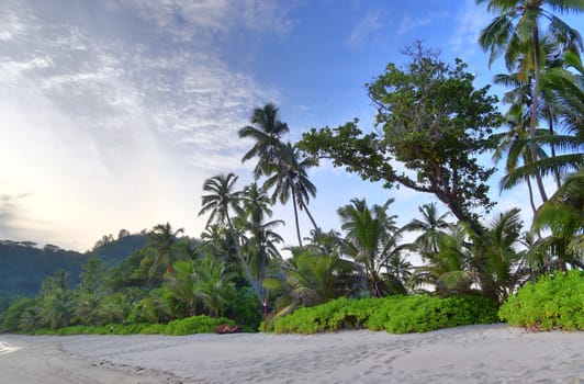 Sunny day beach view on the paradise islands Seychelles.