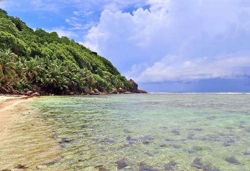 Sunny day beach view on the paradise islands Seychelles.