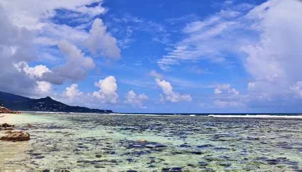 Sunny day beach view on the paradise islands Seychelles.