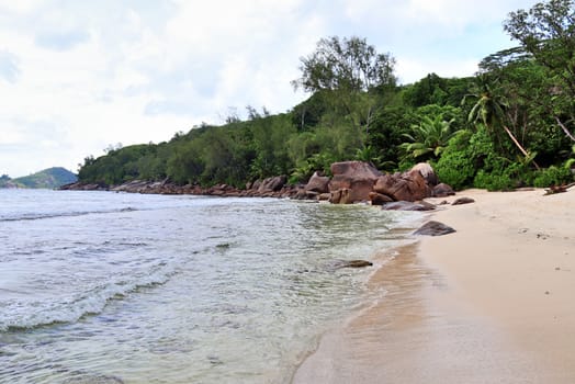 Sunny day beach view on the paradise islands Seychelles.