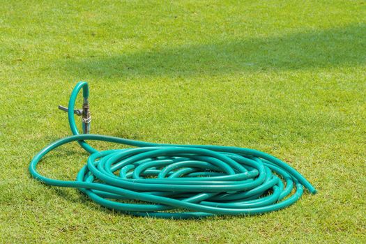 Rubber tube on grass in the garden